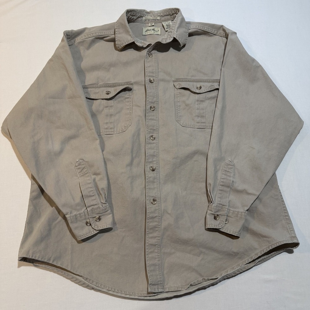 Vintage Eddie Bauer Elkhorn Canvas Shirt Mens XL Made in USA Tan Work Shirt